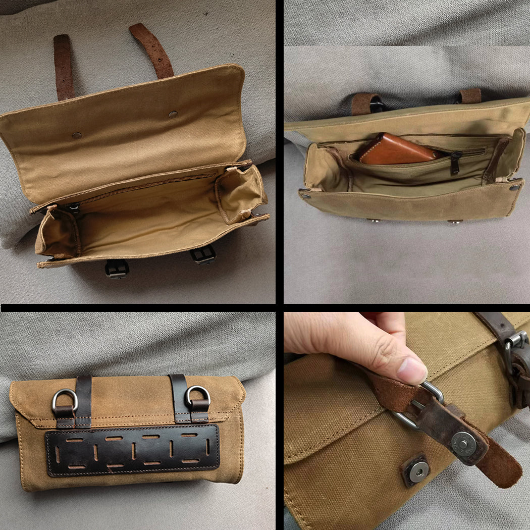 Retro Style Motorcycle Handlebar Bag, Motorcycle Fork Tool Bag Motorcycle Tool Bag Oil waxed canvas bag Universal for Motorcycle Front Forks Handlebar roll bar storage bag